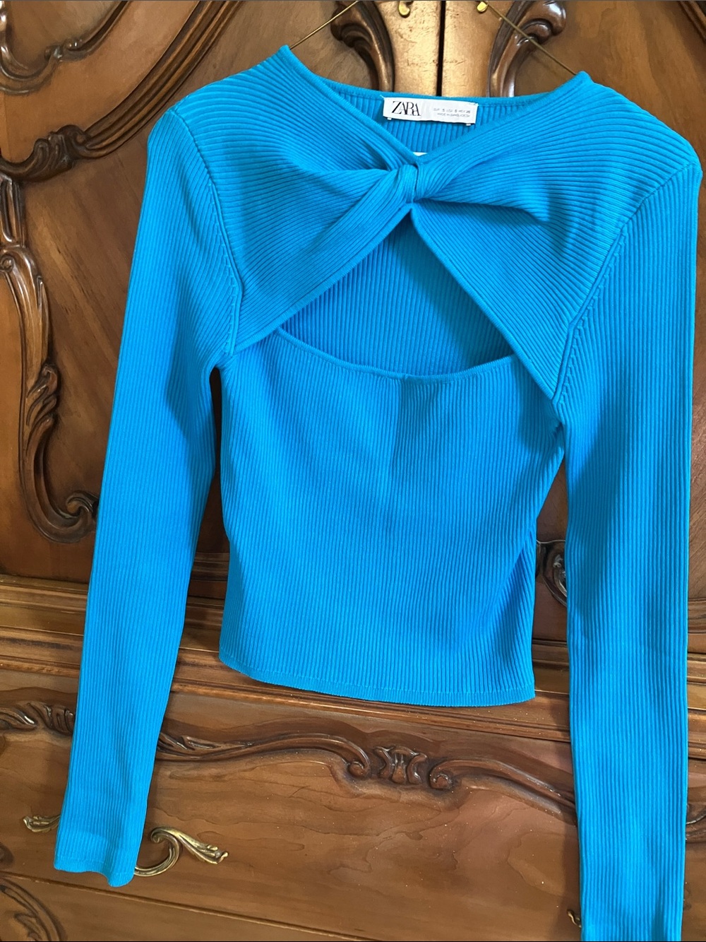 Zara Bright Turquoise Rib-Knit Long Sleeve Twist-Back Top